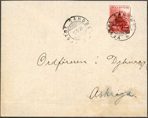 20 øre Turistmerke på konvolutt, annullert med hjelpestempel "Vestre Sandøya 17.5.38" (AA). Anmerkninger.