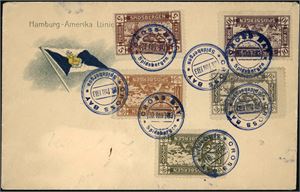 Spitsbergen E 24--32. Hamburg-Amerika-konvolutt, påsatt fem ulike Spitsbergen etiketter, stemplet "Cross Bay Spidsbergen 20. Juli 1913".