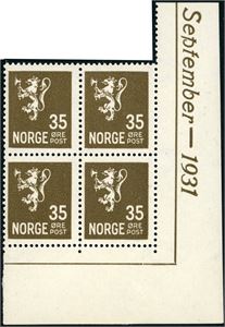 149. 35 øre Løve II i 4-blokk fra nedre, høyre hjørne med marginal "September-1931".
