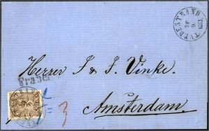10. 24 skill på brevomslag til Amsterdam, stemplet "Tvedestrand 25.9.1861". "Sandøsund", "K.D.O.P.A. Hamburg" samt ankomststempel på baksiden. Adressatens navn er skåret ut, og pent restaurert.