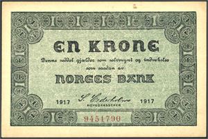 To stk 1 krone 1917, i nummerrekkefølge. Hhv. 9159190/91. Noe gullig papir. 0/01