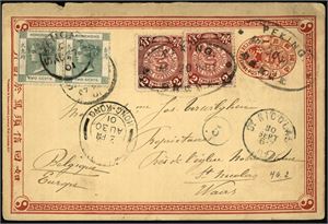 China. Two 1c stationary items, both uprated with 4 c China and two 2c Hong Kong. Sent to Germany and Belgium in 1901.