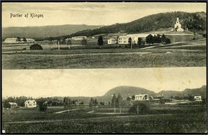 Trøndelag Klingen, 2-motivskort m/bl.a. kirken (Finstad 1911, uten nr). Småf. s/hv. Stpl. Spillum i Namdalen 25-XII-11. Pen kvalitet.