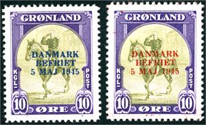 17/25. Grenland. The America-issue with overprint "Danmark Befriet" in bouth colours. Fine quality.