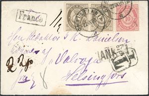 22,38. 12 øres porto til Finland. To 1øre skravert Posthorn sammen med en 10 øre 1883 på konvolutt til Helsingfors, stemplet "Christiania 22.9.83". Påstemplet "Franco", to avtrykk "T" samt finsk ankomststempel på forsiden der også portotall "22p" er påskrevet med hånd. To ulike stempler fra "Stockholm" på baksiden.