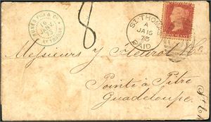 DWI. 1d red (pl 151) on envelope, cancelled with duplex "St-Thomas A Ja 16 73 paid, C 51" and sent to Guadeloupe. Postage number "8" and company mark "Munes Fils & Co st Thomas 16 Janv. 73" at side. Arrival postmark at reverse. Only a few letter are known to Guadeloupe.