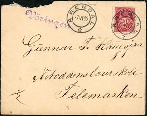 5 øre Brev-Kort med privat skipsstempel "Vøringen" med ramme i lilla farge samt en litt medtatt konvolutt, frankert med 10 øre Posthorn, stemplet "Arendal 7.6.05" og ved siden privat linjestempel "Vøringen" med løkkeskrift.