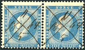 4. 4 skilling Oscar i horisontalt par, der hvert merke er anert med blekkryss samt dato "11/5 1864". Antagelig utført på Dampskibet Prinds Gustav.