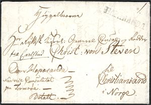 Komplett brev, datert "Tromsø 15. Jan 1824" og sent til Christiansand. Påskrevet "Over Haparanda" og ved siden linjestempel "Haparanda".