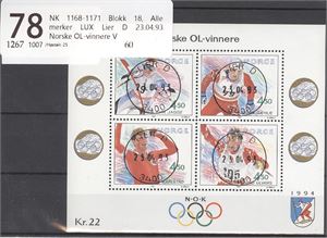 NK 1168-1171 Blokk 18, Alle merker LUX Lier D 23.04.93 Norske OL-vinnere V