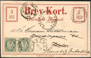 52,Arendal Bypost BK 1. 3 øres Brev-Kort, stemplet "Arendals Bypost 4.1.1888" og ved siden påsatt to 5 øre 20 mm som er stemplet "Arendal 6.1.88" og sendt til Wien, og der omadressert til Czernowitz/Bukovin (I dagens Ukraine). Ankomststemplet "Czernowitz 12.2.88".