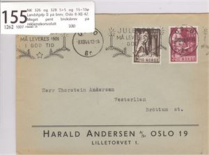 NK 326 og 328 5+5 og 15+10ø Landshjelp II på brev, Oslo 8-XII-42. Meget pent bruksbrev på reklamekonvolutt