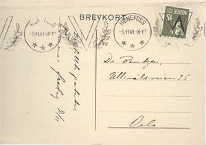 TMS Hønefoss V 5.11.41 på kort med 15ø V, Kortet med motiv fra VAKER GAARD, Norderhov.