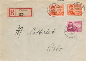 Rek. brev, FJØRÅ (MR/5 pkt) SL 13 VII 47 på pent rek brev med NK 359 og 362 (2).