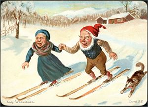 August Johannessen. Nisse og kone på ski. Hjørnebrekk oppe til høyre. K-3