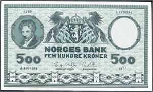 500 kroner 1960, serie A.1320384. Stiv og pen seddel. God 1+