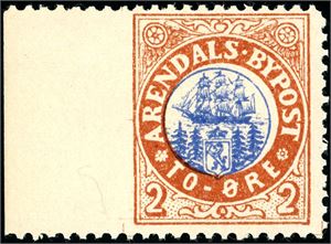 Arendal Bypost nr 7. 2 øre brun/blå variant "Utagget i venstre side".