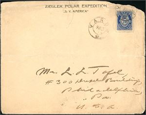 79. A Norwegian 20 øre Posthorn on envelope from the "Ziegler Polar Expedition, "S. Y. America"", cancelled "Vardø 9.7.03" and sent to U.S.A. Two postmarks on reverse: "New York N.Y. Paid All Jul 26 03" and "Philadelphia PA. BEC´D Jul 26 1903". The flap on the envelope is missing and some damage at the top but very rare polar postal history. Rare.