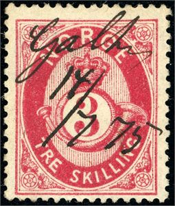 18. 3 skilling Posthorn, anert med håndskrevet stedsnavn "Galten 14/7 75" (FI).