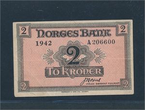 PENGESEDDEL 2 kr Londonseddel 1942. Pent brukt, opplag ukjent. Ettertraktet!