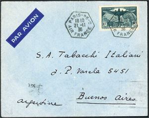 220/21,327. France. 2 Fr- and 5 Fr Poste Arienne on FDC, cancelled "Salon-Aviation-navigation marseille 25.6.27". (€ 400). Also one 10F on envelope to Buenos Aires, cancelled "Paris-96-C Air France 21.11.36".
