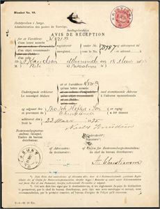 57. 10 øre fintagget Centraltrykkeriet på Modtagelsesbevis (Bl.no. 93), stemplet "Kristiania 18.3.95" i blålilla farge. Noen anmerkninger skjemmer mindre.
