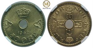 50 øre 1942 Haakon VII. London utg. Gradert til MS65 hos NGC. Kv.0