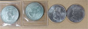 BERMUDA fyra silvermynt 1 Crown 1964, två inplastade lätt missfärgade ( 22.62gr/st .500 silver)