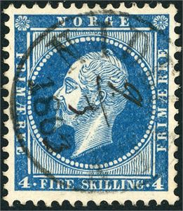 4. 4 skilling Oscar, annullert med dampskipsstempel "Nidelven 1863", der datoen 9/3" er skrevet med blekk.