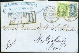 26,40 II. 32 øres porto til Danmark. 12 øre skravert Posthorn sammen med en 20 øre blå 1883 på rekommandert brev til Nykjøbing, stemplet "Christianssand 5.12.83".