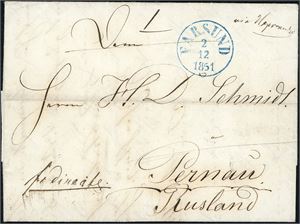 Komplett betalt brev, datert "Loshamn" og stemplet "Farsund 2.12.1851" i blått og sendt til Pernau, Russland. Påskrevet "Via Haparanda" i øvre, høyre hjørne. Linjestempel "Stockholm 12 Des.51" og ankomststempel på baksiden.