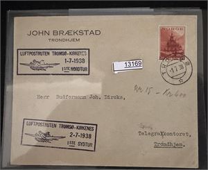 FØRSTEFLYVNING Tromsø-Kirkenes 1ste nordtur 1-7-1938 på pent brev stemplet "TROMSØ"
