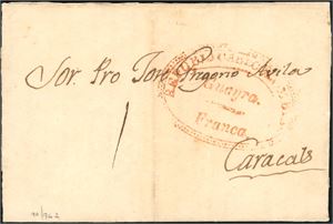 A complete letter from August 1840 with a town stamp "Republica De Colombia Guayra Franca" in red on fron and sent to Caracas. The letter are in good condition on the front an reverse, but some paper remarks inside.