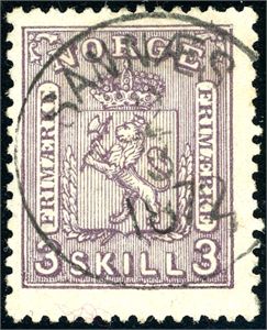 13 a. 3 skill 3 i fin lilla farge, pent fullstemplet "Sannæs 2.3.1872". Signert FCM.