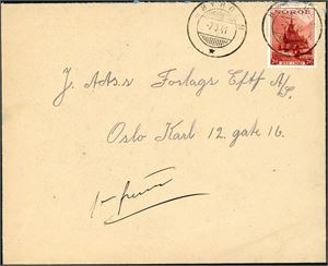 221. 20 øre Turistmerke på konvolutt, annullert med hjelpestempel "Høyholm 7.3.41" (NO).