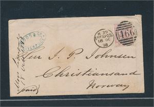 GB SG 141 plate 9 på brev stemplet "LIVERPOOL 18 OCT 78" til Christianssand. Pent