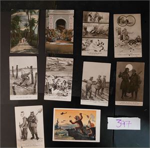 POSTKORT 10 ubrukte kort, 2 fra Ceylon, 8 stk "Bystander" Fragment from France og et norsk kort vi har sett noen ganger tidligere