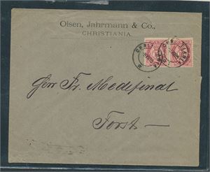 Nk 43 x2 på brev til Forst (Tyskland) stemplet "CHRISTIANIA 8-VII-85". Ankomststempel "FORST i d "LAUS. 11/7-85"