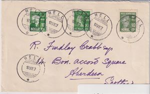 Hjelpestempel HELL 18-VII-37 (Hj.) på brev med 3 stk 10ø merker til Scotland