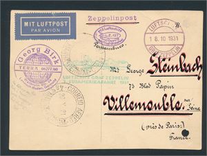 REICH-ZEPPELIN Kort stemplet 18. 10. 1931 til Frankrike med 2x Mi 455. Diverse stempler, et arkivhull