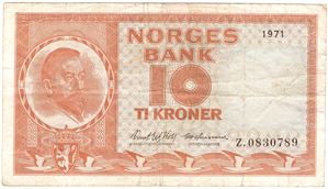 10 kroner 1971 Z.0830789 erstatningsseddel. Kv.1/1-