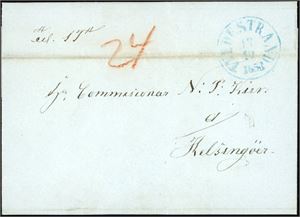 Komplett brev, stemplet "Tvedestrand 17.10.1853" i blått og sendt til Helsingøer, Danmark. Påskrevet portotall "24" i brunt på forsiden. En litt kraftig horisontal arkivbrett går gjennom stempelet.