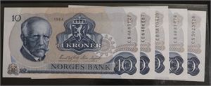 10 kroner 1984 Norge 0 CB, CE, CO, CR og CS, 5 stk