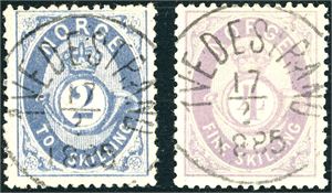 17 a,19 II. 2 skilling- og 4 skilling Oscar, begge rettvendt fullstemplet "Tvedestrand 17.3.1885".