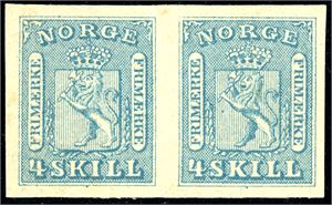 8 IIb. 4 skill variant "Utagget" i horisontalt par. Gode marger. En vertikal brett ca 4 mm fra kanten og en horisontal brett ca 7 mm fra nedre kant. Garantistemplet "Jellestad".