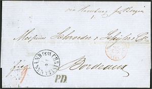 Komplett, betalt brev, stemplet "Christianssand 8.9.1855" og sendt til Bordeaux. Påskrevet "via Hamburg pr Bergen" i øvre høyre hjørne. Fransk transittstempel på forsiden, to tyske- og to franske stempler på baksiden.