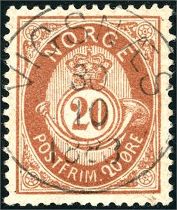 39. 20 øre brun, rettvendt fullstemplet "Vigsnæs 30.10.1883".
