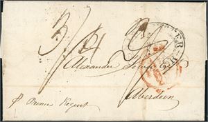 A complete letter, sent from St. Thomas to Aberdden, Scotland in 1812. Two postmarks at the front and one on reverse.