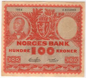 100 kroner 1954 Z. Erstatningsseddel. RR seddel. Kv.1