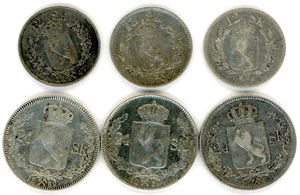 To stk 24 skill 1852, en 1853 samt en 12 skilling 1847, 1853 og 12 skilling 1856. K-1/2